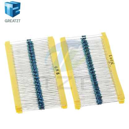 GREATZT 600pcs/set 30 Kinds 1/4W Resistance 1% Metal Film Resistor Pack Assorted Kit 1K 10K 100K 220ohm 1M Resistors 300pcs/set