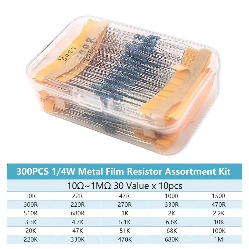 300/600/2600pcs 1/4W Metal Film Resistor 30/130 Values Resistance Kit 1Ω-3Mohm 0.25W 1% Resistors Set 10K 22ohm 33R 4.7K 5K1 1M