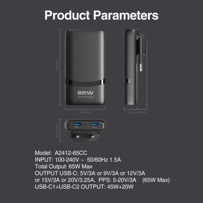 65W Flat GaN USB C Charger Dual-port Fast Wall Charger Compact Power Adapter With Foldable Plug For Mobile Phone
