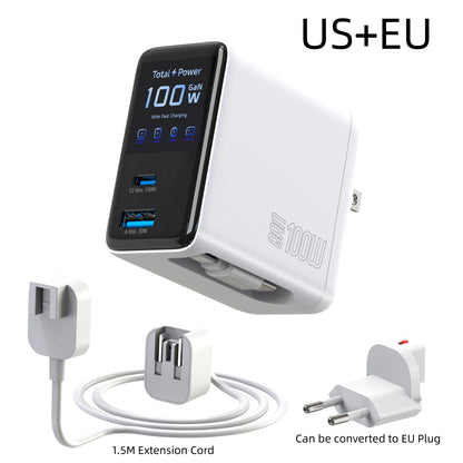 100W Wall Charger with 2-in-1 Retractable Cable And TFT Display Fast Charging GaN Charger for Phones Tablets And More