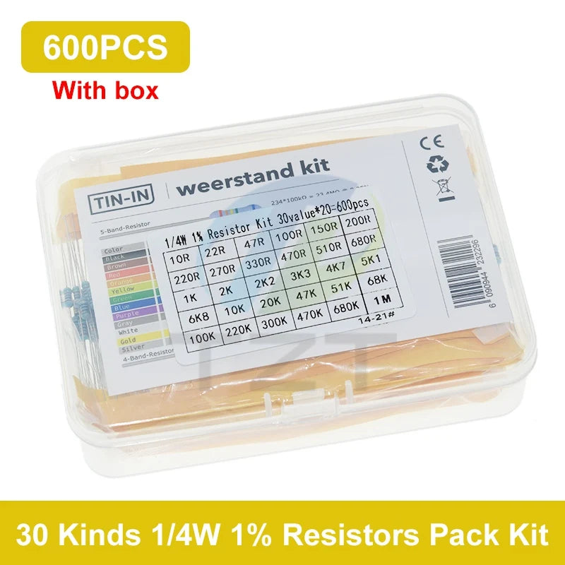 GREATZT 600pcs/set 30 Kinds 1/4W Resistance 1% Metal Film Resistor Pack Assorted Kit 1K 10K 100K 220ohm 1M Resistors 300pcs/set