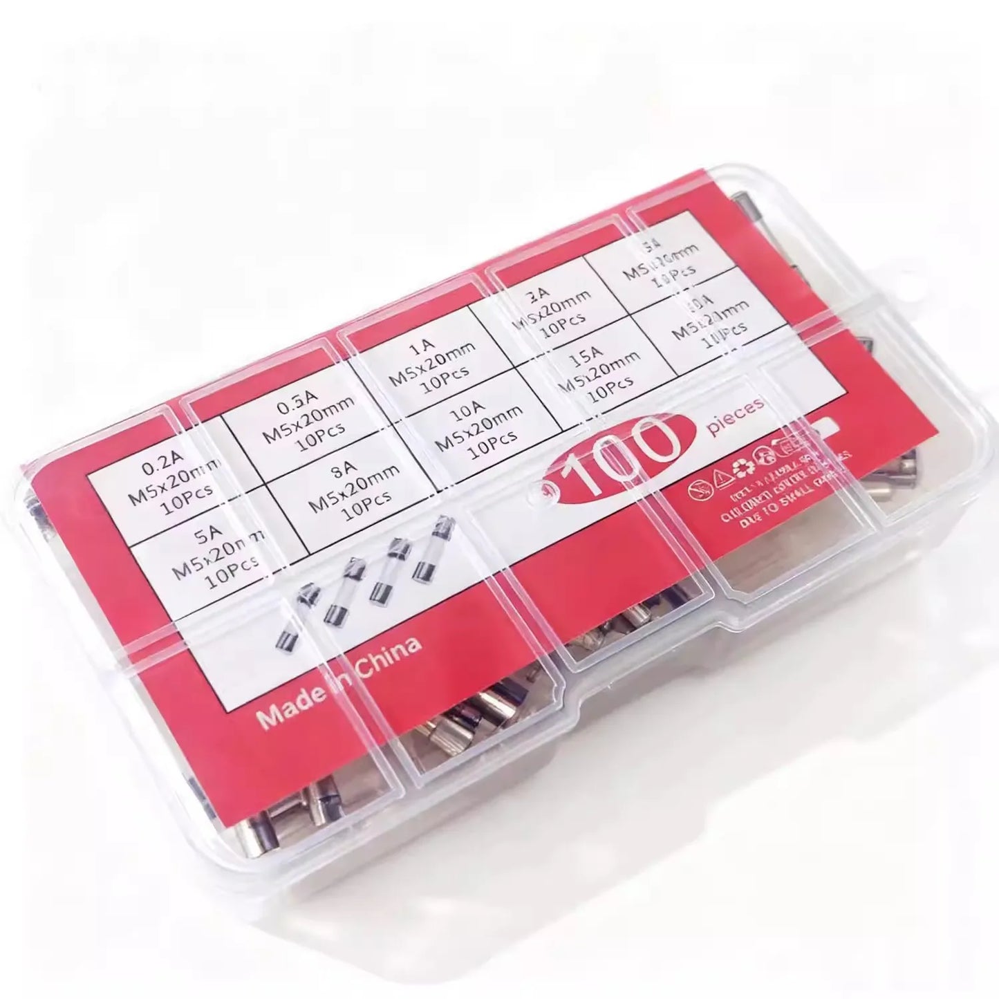 100PCS Glass Fuse Box 5*20MM 10 Different Resistances Each 10 Pieces Fuse Tube 0.2A-20A