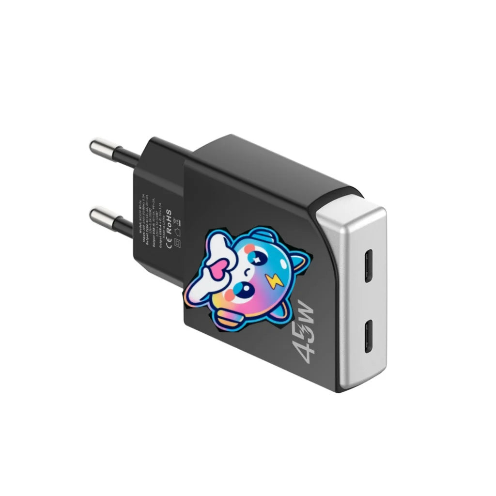 45W GaN Cute Cartoon Fast Charger EU Plug, Dual USB-A & Type-C Port Wall Charger for Multi Devices Home Office Travel