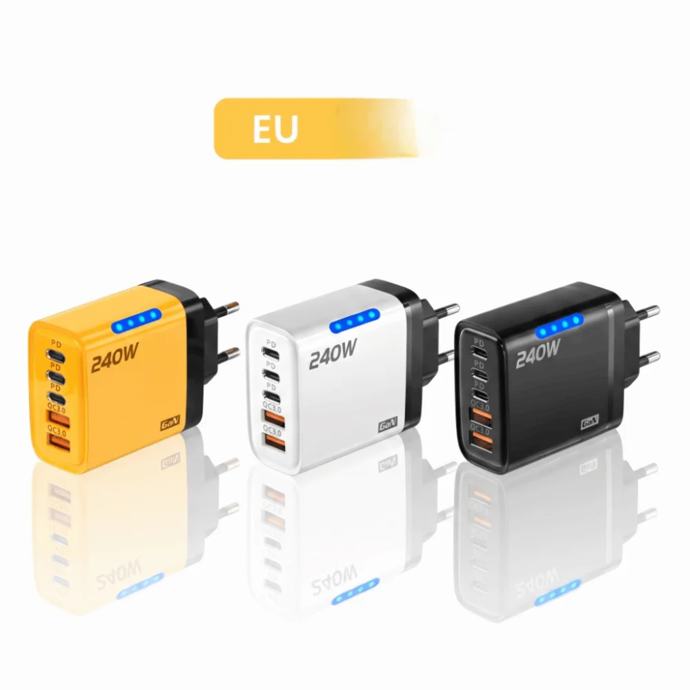 US Plug 240W Phone Charger Adapter GaN 5 in 1 Wall Charger Adapter Type C Fast Charge Mobile Phone USB C Charger Office Use