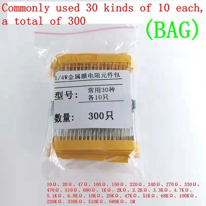 820pcs/set 30 Kinds 1/4W Resistance 1% Metal Film Resistor Pack Assorted Kit 1K 10K 100K 220ohm 1M 300pcs/set or 410/600PCS