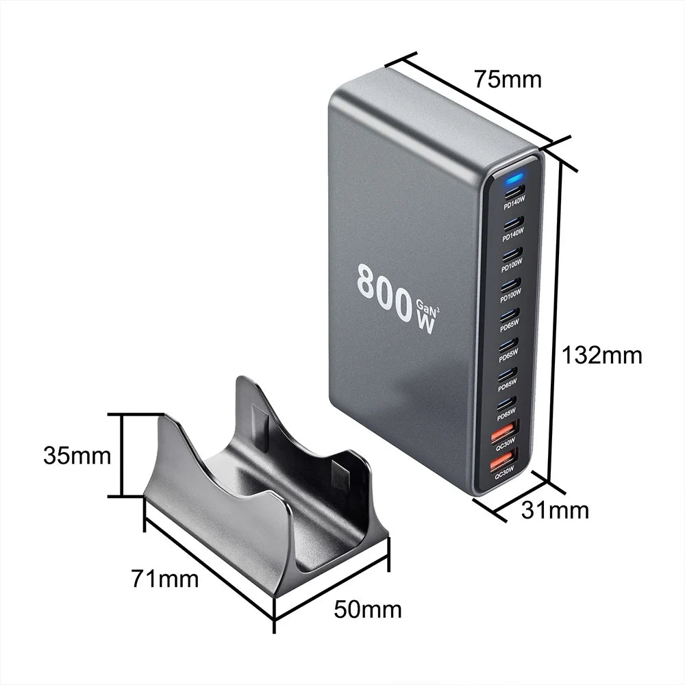 800W GaN Desktop Charger USB C Dual 140W PD3.110 Ports Fast Charging Station Adapters for Multiple Devices Laptop Wall Charger