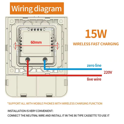 QI Universal Flush Wall Mount Wireless Charger,15W Fast Charging Stand for Phones,AC 110–220V