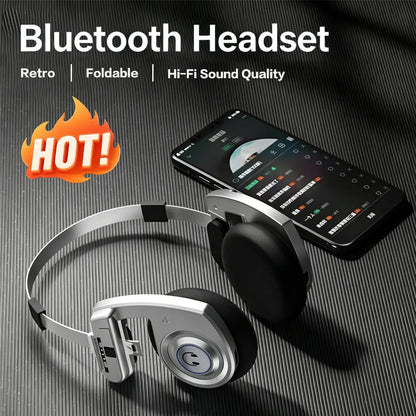 Wireless Retro Over-Ear Bluetooth Headphones with 3D Surround HIFI Sound Support Foldable Noise Cancelling & Built-in Microphone