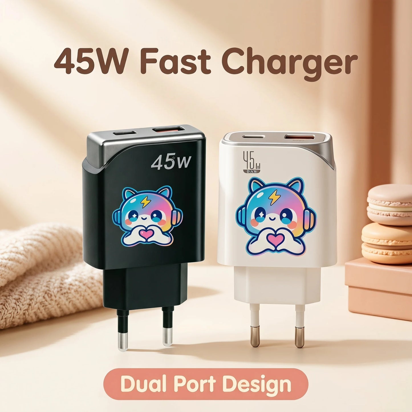 45W GaN Cute Cartoon Fast Charger EU Plug, Dual USB-A & Type-C Port Wall Charger for Multi Devices Home Office Travel