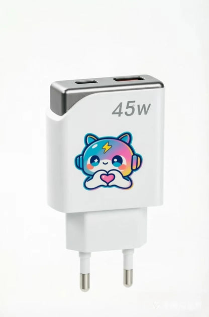 45W GaN Cute Cartoon Fast Charger EU Plug, Dual USB-A & Type-C Port Wall Charger for Multi Devices Home Office Travel