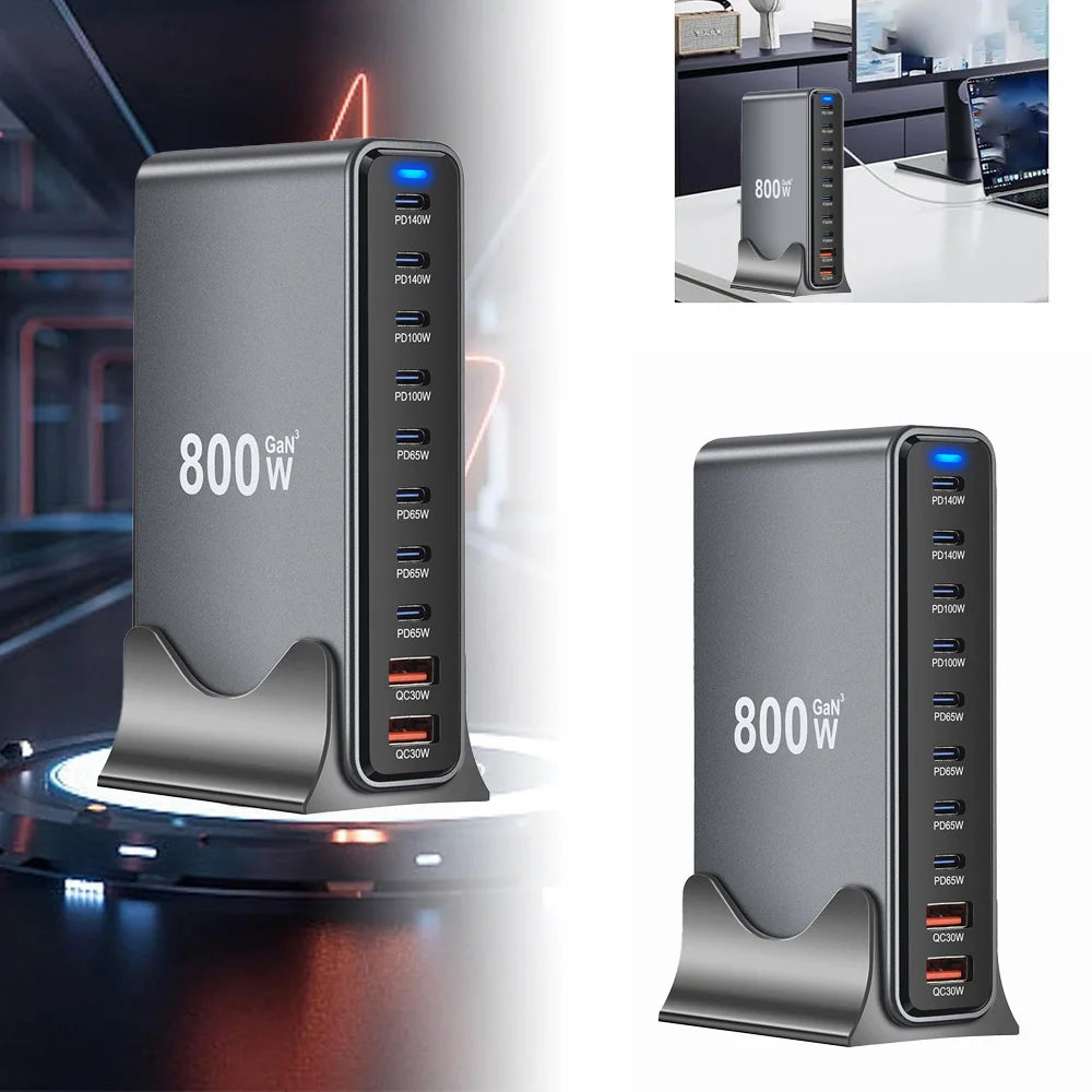 800W GaN Desktop Charger USB C Dual 140W PD3.110 Ports Fast Charging Station Adapters for Multiple Devices Laptop Wall Charger