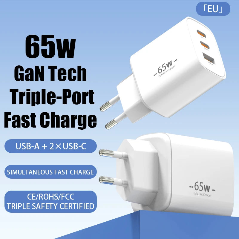 65W USB C Wall GaN Charger Block 3-Port PPS PD QC Fast Type C Charger 20V for Laptop Galaxy S24 iPhone 17 16 15,EU US Plug
