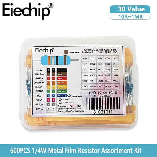 1/4W Metal Film Resistor kit set 30 Values resistors pack , 10 ohm ~1M Resistance 1% Set of resistors diy electronic components