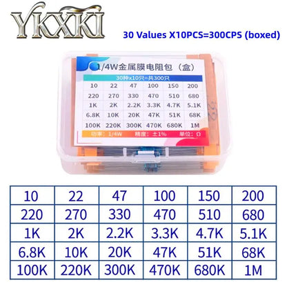 300Pcs 600Pcs 820Pcs 1/4W Metal Film Resistor kit set 30/41 Values resistors pack 1R~1M ohm Resistance 1% Set of resistors