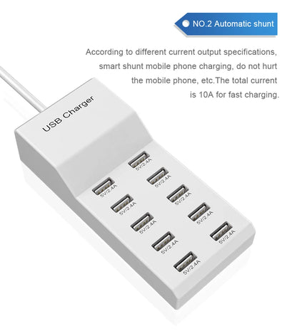 USB Charger Station,10-Port 50W Multiple USB Charging Station Multi Ports USB Charger Charging Force Travel Wall Charger EU Plug