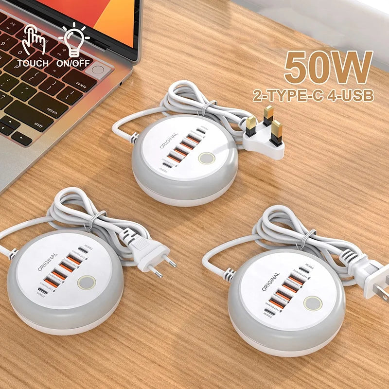 50W USB PD Charger 6 Ports Fast Charging Travel Wall Charger For iPhone Xiaomi Realme Quick Charge3.0 Phone Adapter USB Charger