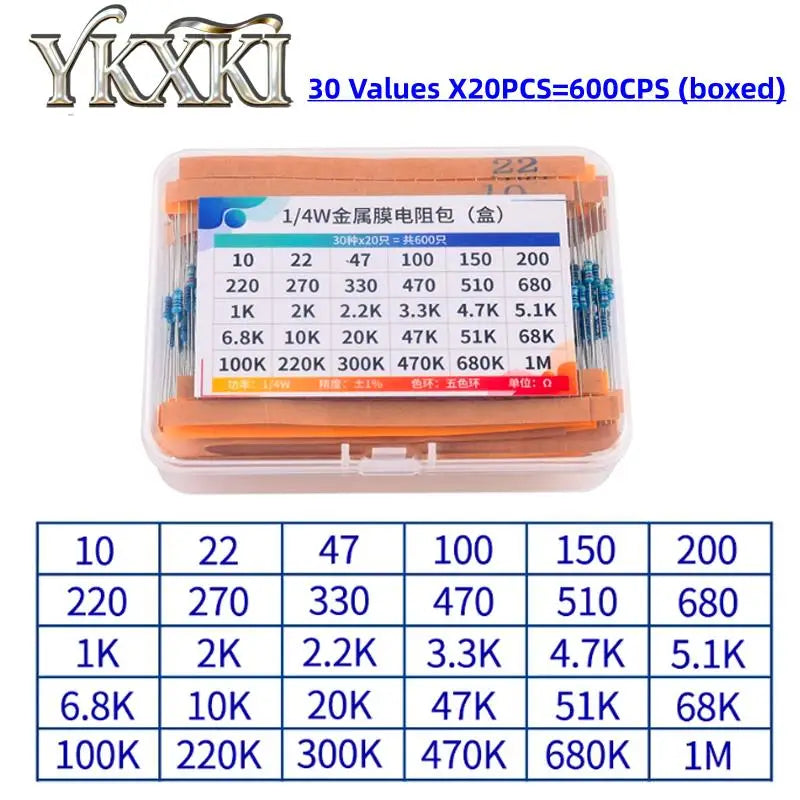 300Pcs 600Pcs 820Pcs 1/4W Metal Film Resistor kit set 30/41 Values resistors pack 1R~1M ohm Resistance 1% Set of resistors