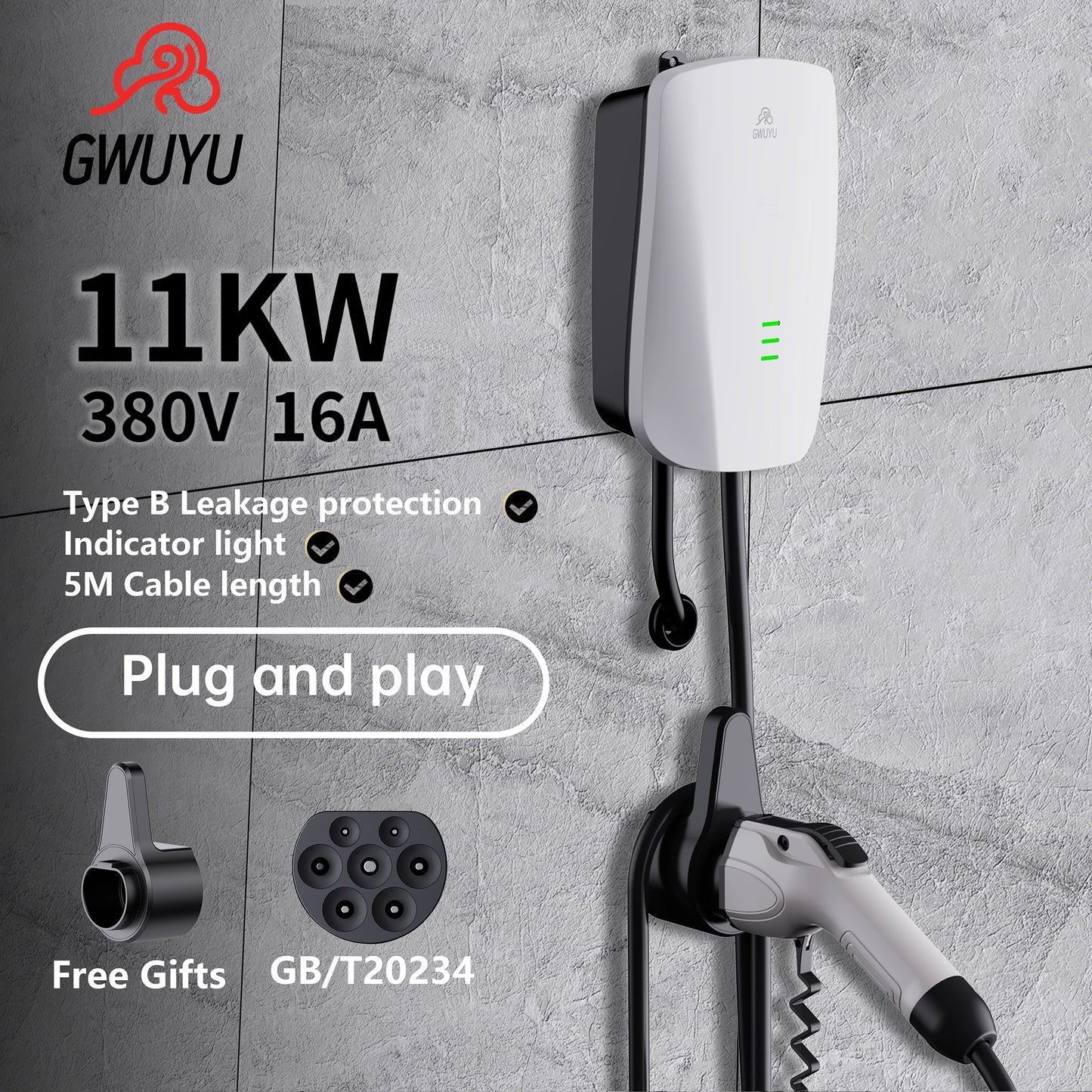GWUYU GBT Standard EV Charger 11KW-22KW 3-Phase for Household Car Charging Station Wall Mount with 5m Charging Cable
