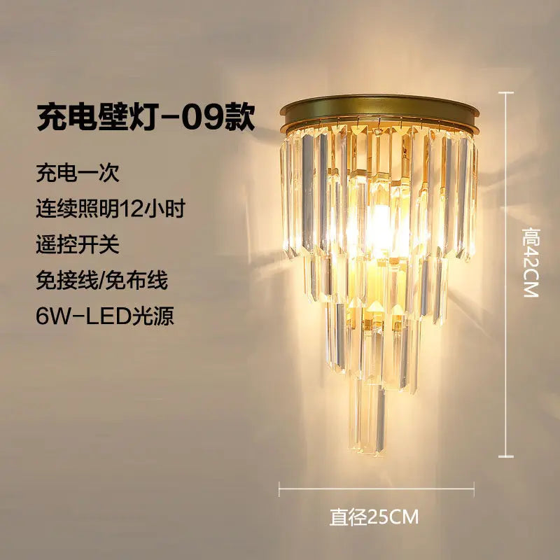 Rechargeable battery Wall Lamp Wiring Free Crystal Wall Lamp Light Luxury Modern for Living Room Golden Led Wall Sconce Lamp E14