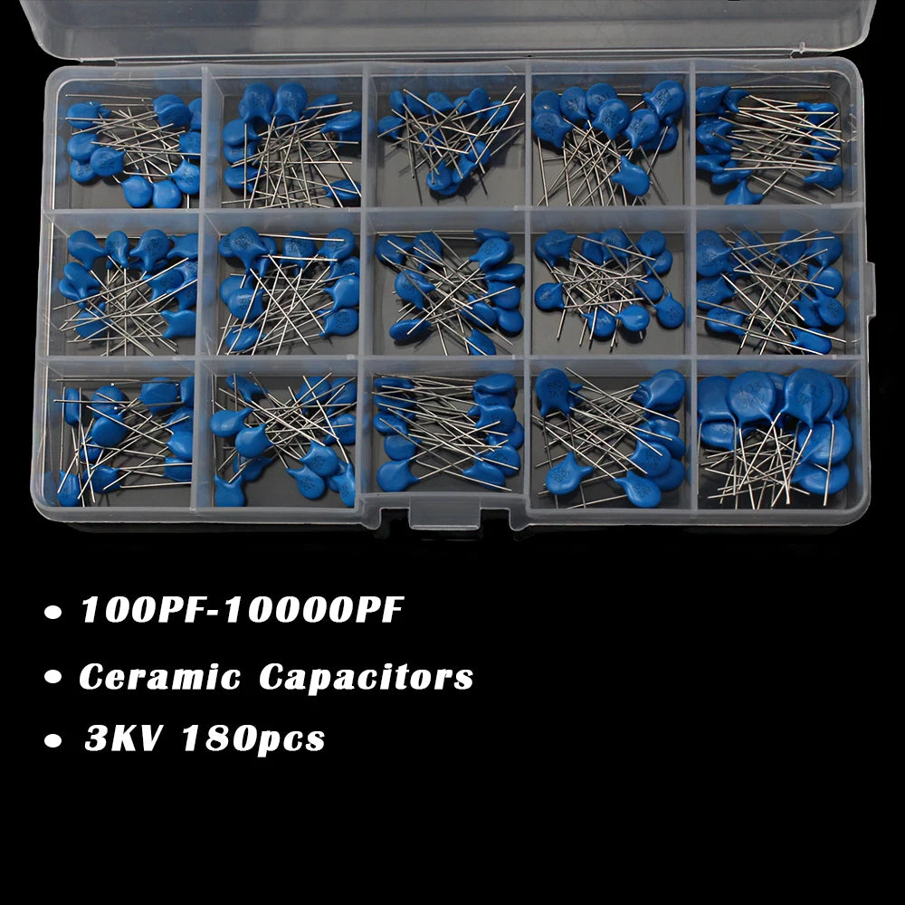 180PCS Ceramic Capacitors 3KV 15 Values High Voltage 100PF-10000PF Capacitance Industrial Electrical for DIY Projects