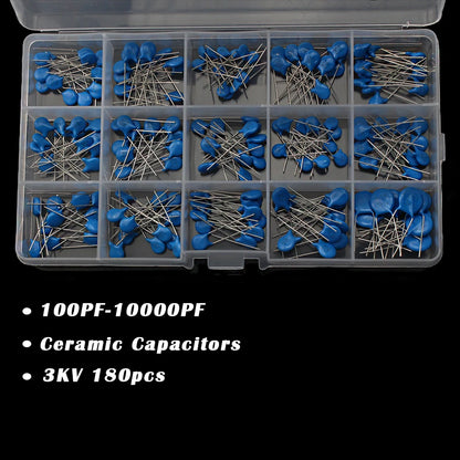 180PCS Ceramic Capacitors 3KV 15 Values High Voltage 100PF-10000PF Capacitance Industrial Electrical for DIY Projects