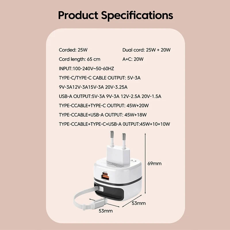 65W Charger with Retractable Cable 3- port Fast Charging Charger with Foldable Pin Original Table Chargers 2025