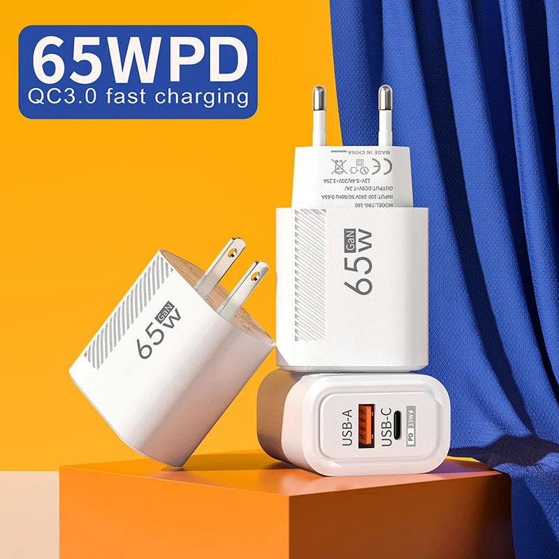 65W USB C Charger GaN Fast Charging Travel Wall Charger Quick Charge EU US Plug Phone Charger Adapter For iPhone Huawei Xiaomi