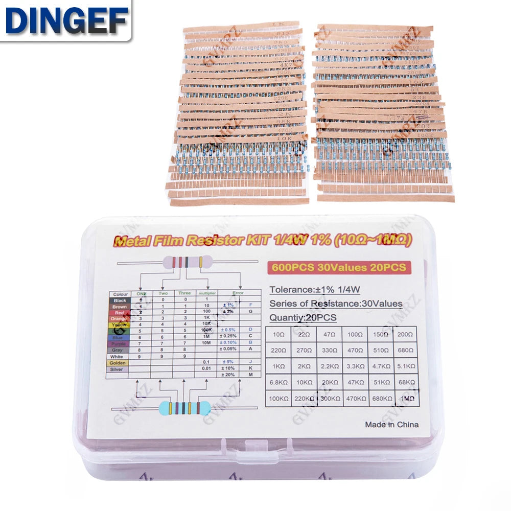 600PCS 30Values 1/4W Metal Film Resistor Assortment Kit - 20PCS Each, Boxed for Electronics DIY, Repair & Projects