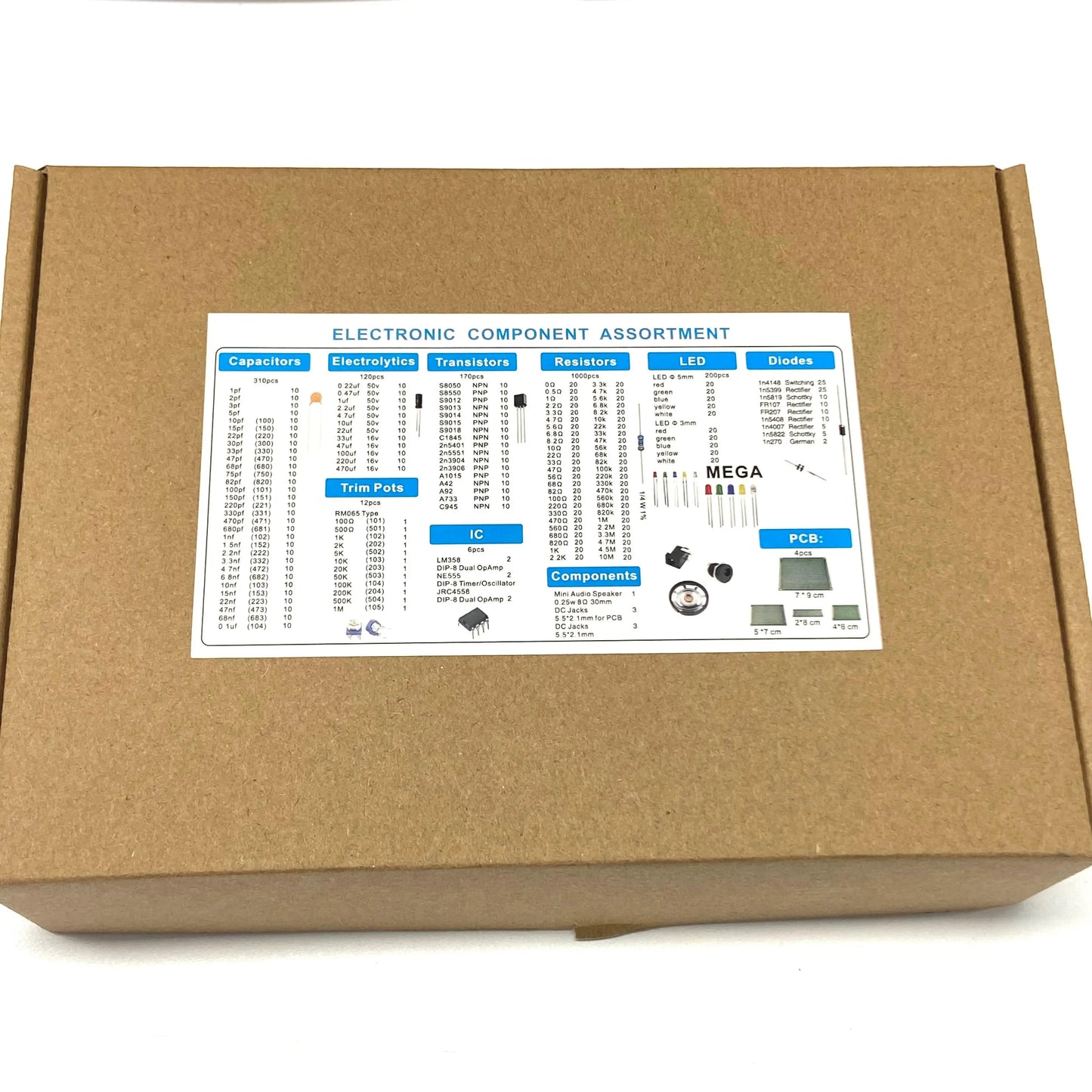 1818PCS DIY Electronics Components Kit Assortment Resistors Potentiometer DIP-IC LED Triode Capacitors Diodes PCB Bag/Box