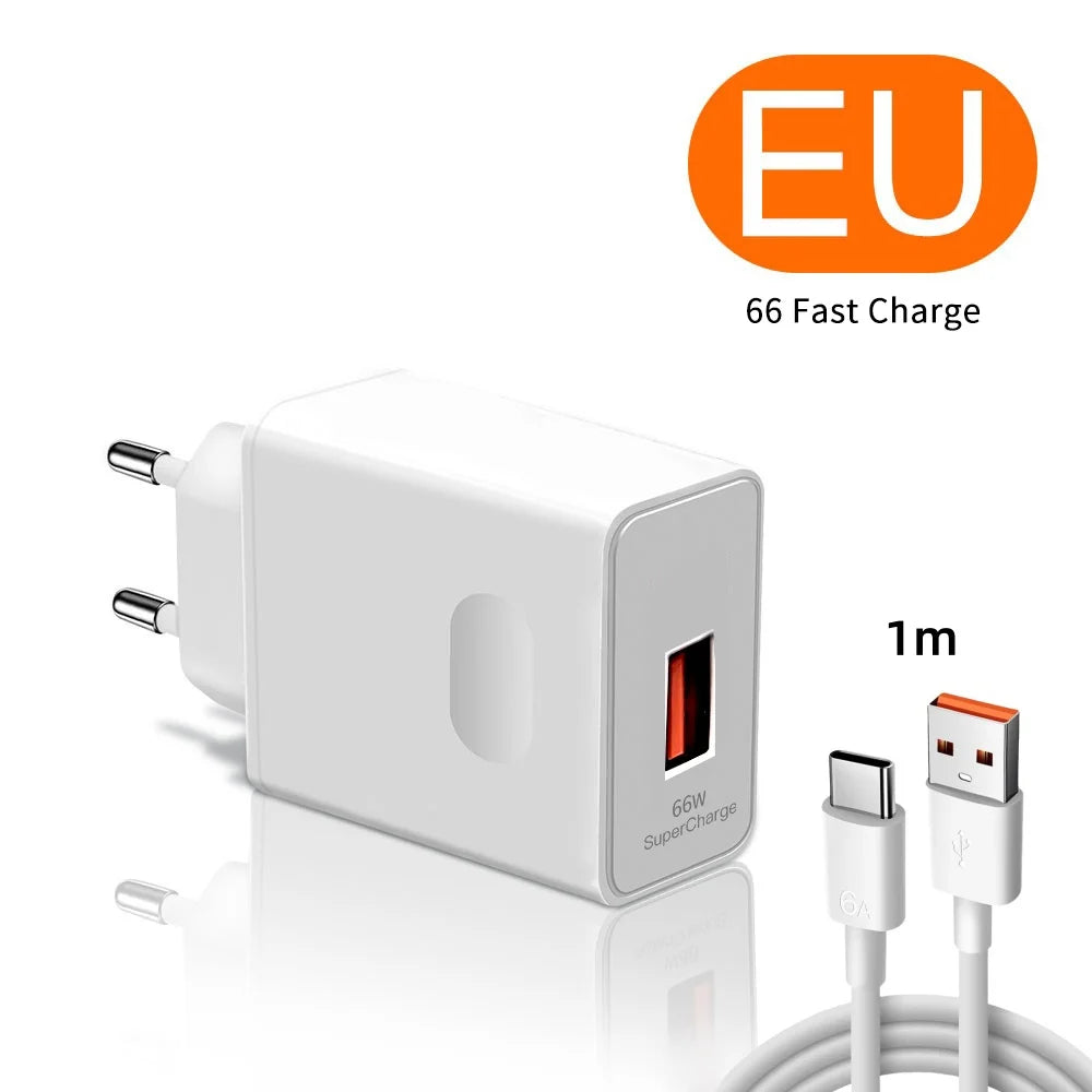 66W Fast Charging Charger With 6A Data Cables For iPhone Huawei Mate 40 50 60 P50 Nova 9 10 Honor 90 100 X9 Xiaomi Wall Charger