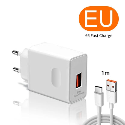 66W Fast Charging Charger With 6A Data Cables For iPhone Huawei Mate 40 50 60 P50 Nova 9 10 Honor 90 100 X9 Xiaomi Wall Charger