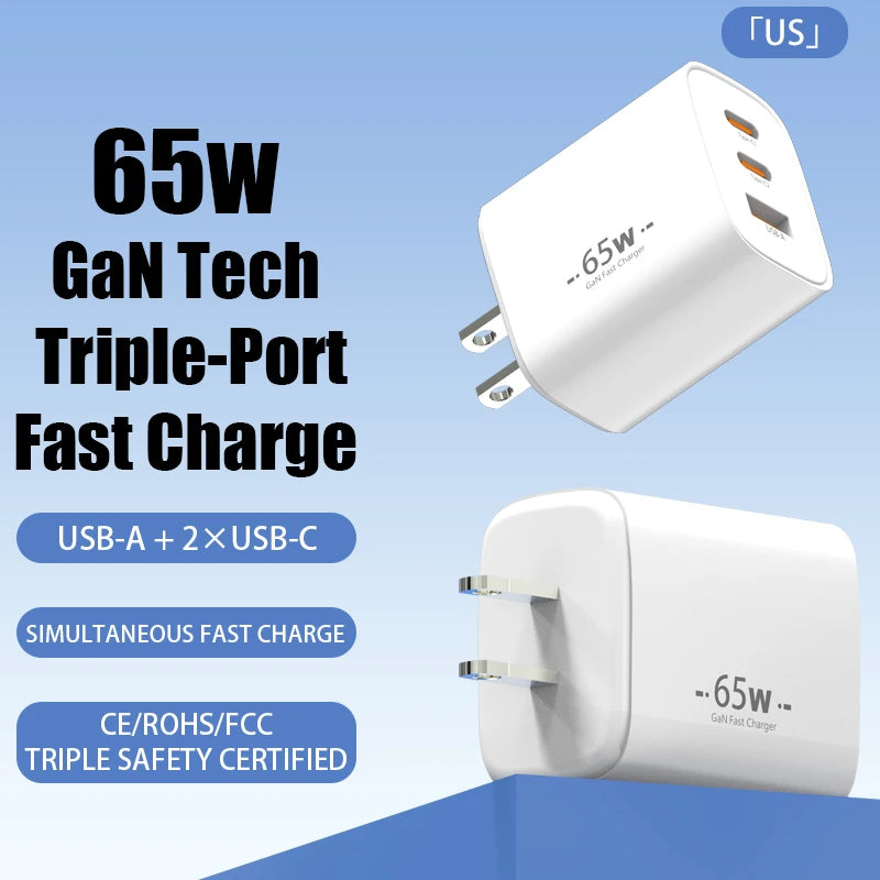 65W USB C Wall GaN Charger Block 3-Port PPS PD QC Fast Type C Charger 20V for Laptop Galaxy S24 iPhone 17 16 15,EU US Plug