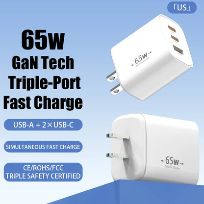 65W USB C Wall GaN Charger Block 3-Port PPS PD QC Fast Type C Charger 20V for Laptop Galaxy S24 iPhone 17 16 15,EU US Plug