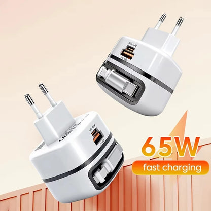 65W Charger with Retractable Cable 3- port Fast Charging Charger with Foldable Pin Original Table Chargers 2025