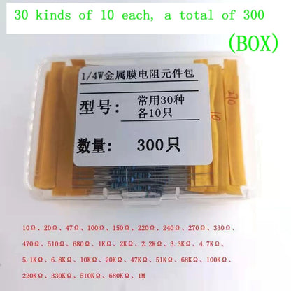 820pcs/set 30 Kinds 1/4W Resistance 1% Metal Film Resistor Pack Assorted Kit 1K 10K 100K 220ohm 1M 300pcs/set or 410/600PCS
