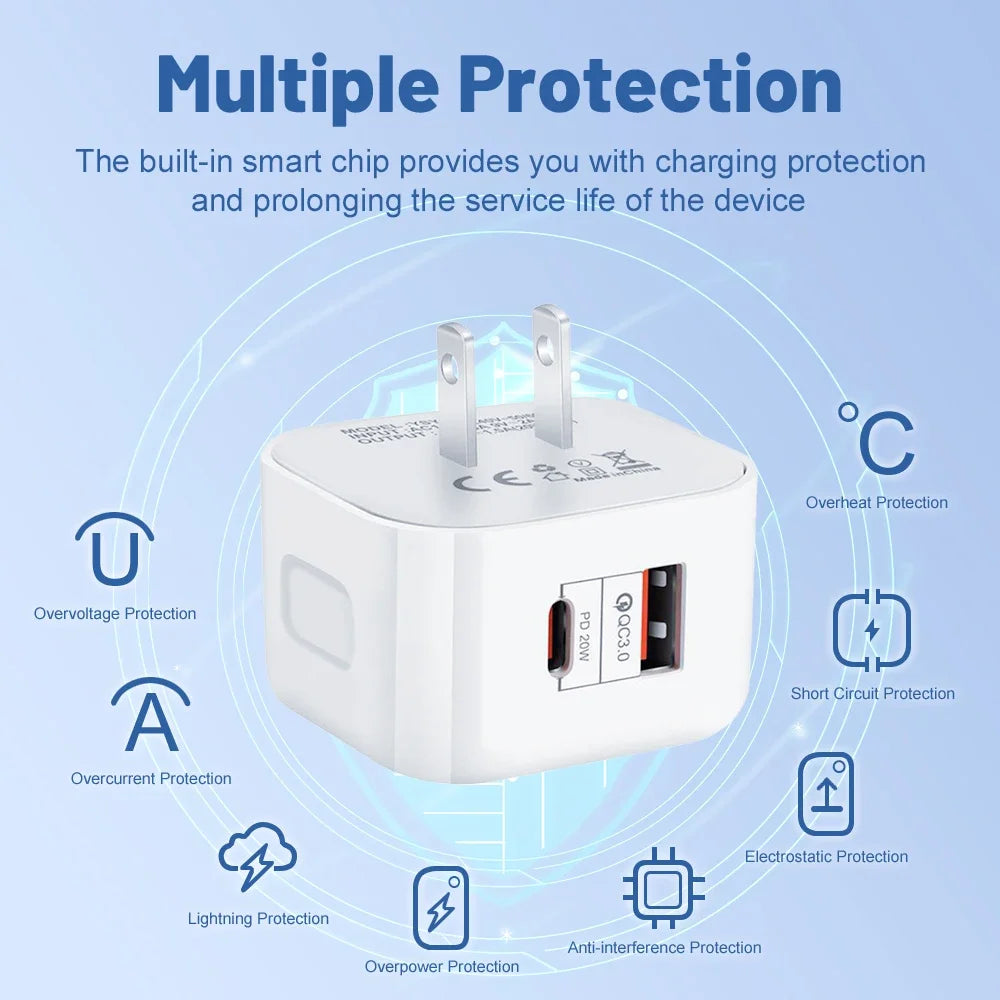 20W Dual Ports Wall Charger Type-C USB C Phone Fast Charger Super Quick Charging Power Adapters EU/US/UK Plug For iPhone Xiaomi