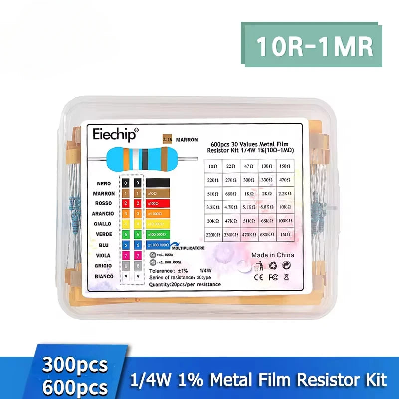 300/600PCS 1/4W Resistance 1% Metal Film Resistor Kit with Box 1K 10K 100K 220ohm 1M Resistors 30 Kinds