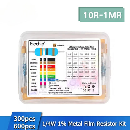 300/600PCS 1/4W Resistance 1% Metal Film Resistor Kit with Box 1K 10K 100K 220ohm 1M Resistors 30 Kinds
