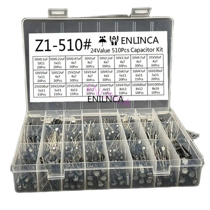 510Pcs/lot 0.1UF-1000UF 24Values Aluminum Electrolytic Capacitors 16-50V mix Electrolytic capacitor Assorted kit and storage box