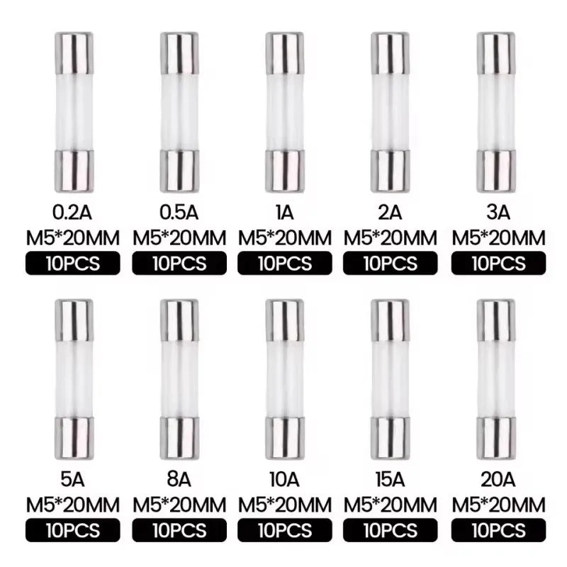 100PCS Glass Fuse Box 5*20MM 10 Different Resistances Each 10 Pieces Fuse Tube 0.2A-20A