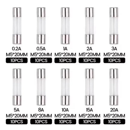 100PCS Glass Fuse Box 5*20MM 10 Different Resistances Each 10 Pieces Fuse Tube 0.2A-20A