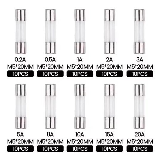 100PCS Glass Fuse Box 5*20MM 10 Different Resistances Each 10 Pieces Fuse Tube 0.2A-20A