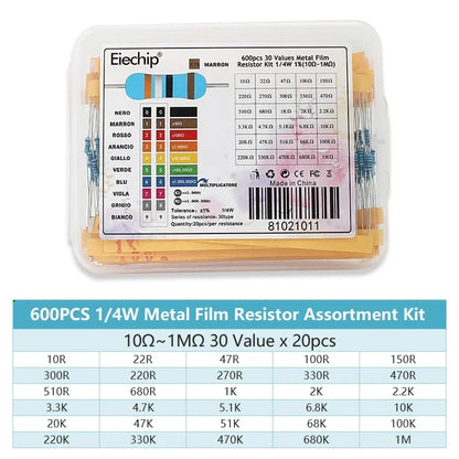 300/600PCS 1/4W Resistance 1% Metal Film Resistor Kit with Box 1K 10K 100K 220ohm 1M Resistors 30 Kinds