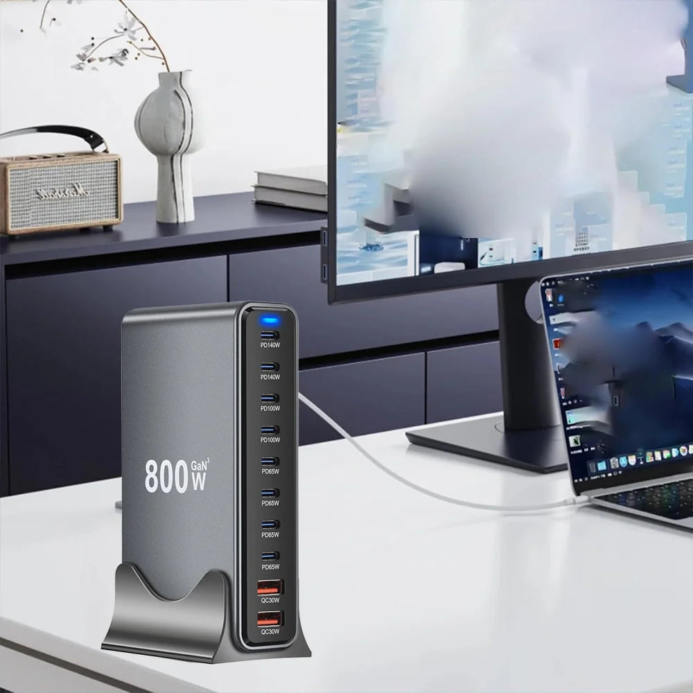 800W GaN 10 Ports Fast Charging Station Adapters USB C Dual 140W PD3.1 Desktop Charger for Multiple Devices Laptop Wall Charger