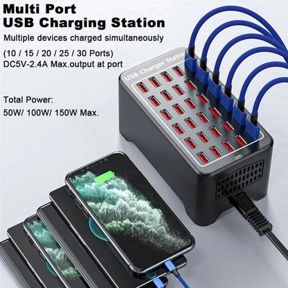 USB Charger 10/20/25/30 Ports HUB 150W Universal Wall Desktop Fast Charging Station Dock for Mobile Phone Power Adapter