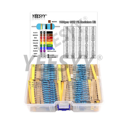 1100pcs 1/2W Metal Film Resistor Kit 1% 0.1 ohm - 2.2M 110 ValuesX10pcs 0.5W Resistance Set Assortment Pack