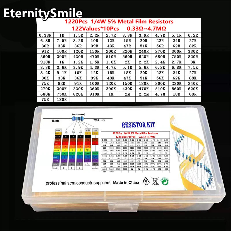 1220Pcs/Box Metal Film Resistors Kit 122 Values 1/4W 5% 0.33Ohm-910OR-1k-820k-910K-4.7M High Precision Resistance Set Assortment