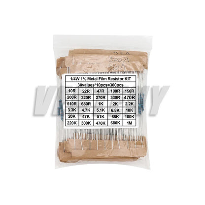 300/600PCS 30Values 1/4W Metal Film Resistor Kit with Box 10Ohm ~1M Resistance 1% Set of Resistors