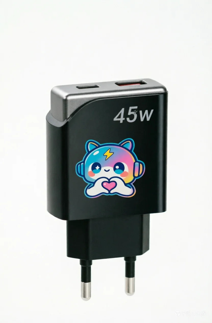 45W GaN Cute Cartoon Fast Charger EU Plug, Dual USB-A & Type-C Port Wall Charger for Multi Devices Home Office Travel