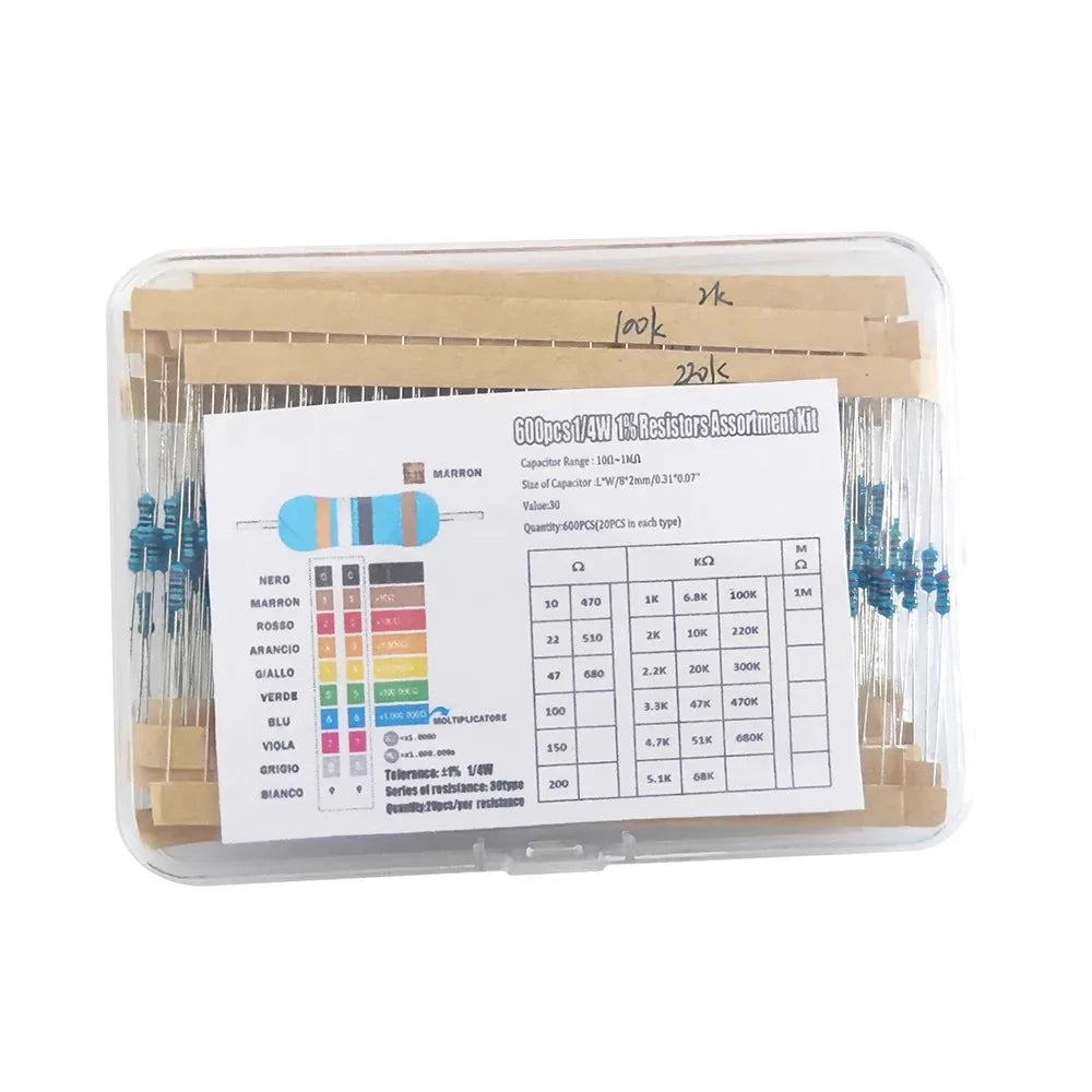 300/600/2600pcs 1/4W Metal Film Resistor 30/130 Values Resistance Kit 1Ω-3Mohm 0.25W 1% Resistors Set 10K 22ohm 33R 4.7K 5K1 1M